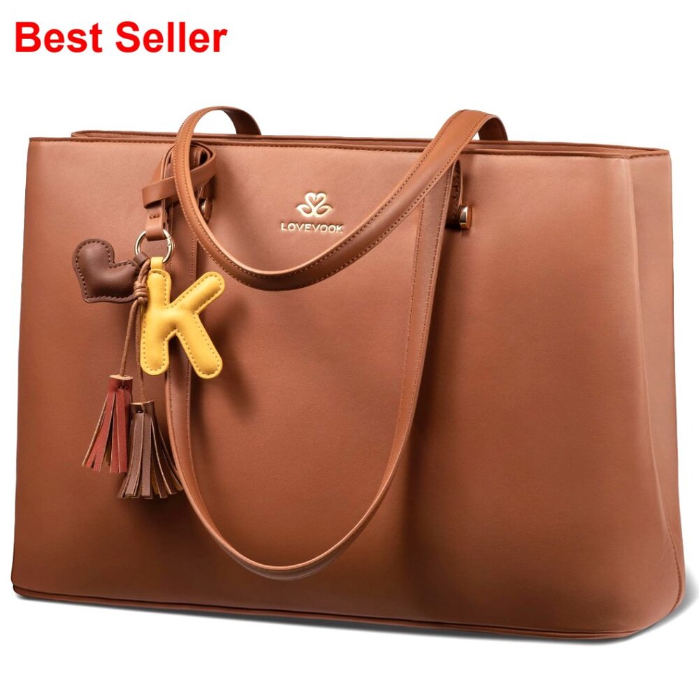 Leather Laptop Tote Bag with Zipper Compartment for Women Work